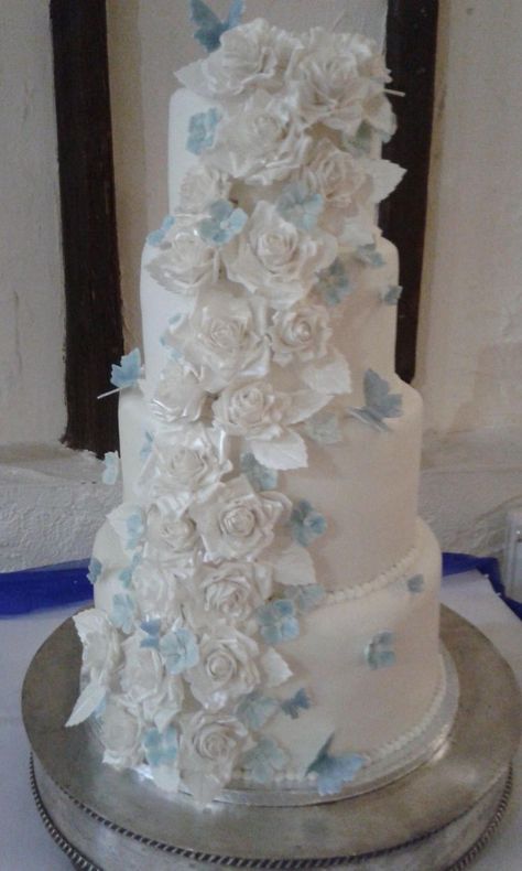 Light Blue Butterfly Quince Cake, Quinceanera Dresses Light Blue Butterfly, Light Blue Quinceanera Theme, Blue Butterfly Quinceanera Theme, Butterfly Quince Theme, Baby Blue Quince, Baby Blue Quinceanera Dresses, Blue Quinceanera Ideas, Sweet 16 Cinderella Theme