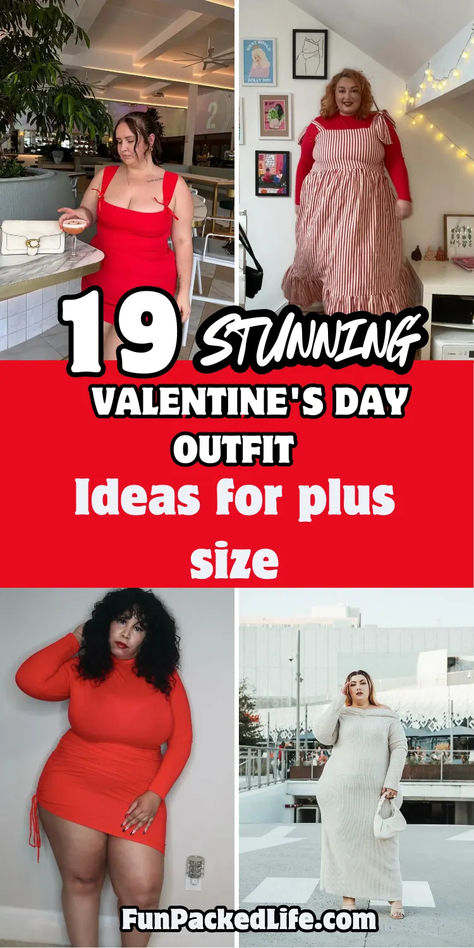 Image features four stunning Valentine's Day outfit ideas for women, blending elegance and charm. The text '19 Stunning Valentine's Day Outfit Ideas' is prominently displayed in bold red and white. Outfits include a classic red lace dress, a layered pink dress with floral accents, a sleek hot pink bodycon dress with cutout details, and a pink fitted dress paired with heart-shaped accessories. Plus Valentines Day Outfit, Plus Size Valentines Day Outfit Night, Valentines Day Outfits Plus Size, Red Outfit Plus Size, Valentines Day Outfits For Women Dresses, Plus Size Dinner Outfit, Date Night Outfit Valentines Day, Plus Size Valentines Day Outfit, Semi Formal Outfits For Women