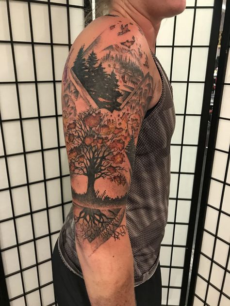 Flaming Autumn Maple and Stippled Forrest by JohnnyJinx at Broken Clover Tattoo and Social Club Tucson AZ Travel Tattoo Ideas, Modern Art Tattoos, Clover Tattoo, Autumn Tattoo, Clover Tattoos, Autumn Sleeve, Art Design Ideas, R Tattoo, Tattoo Sleeve