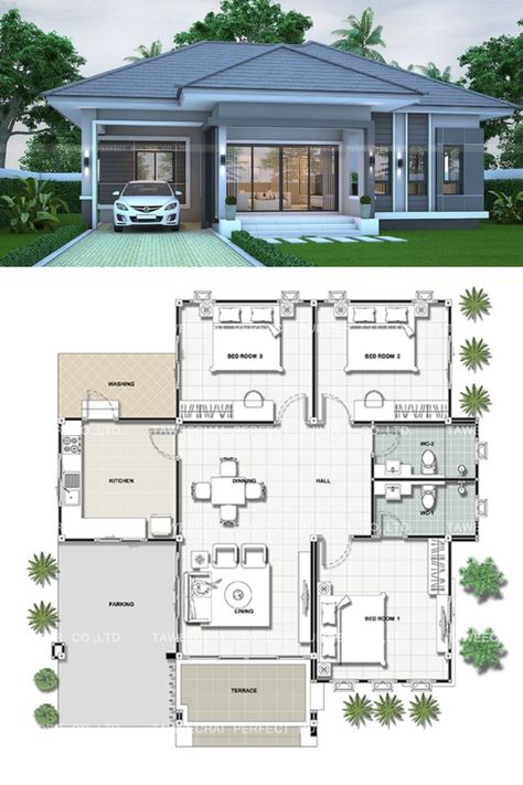 Modern Bungalow House Plans, Modern Bungalow House Design, Three Bedroom House Plan, Bungalow Floor Plans, Bungalow Style House Plans, Bungalow Style House, Affordable House Plans, My House Plans, Free House Plans