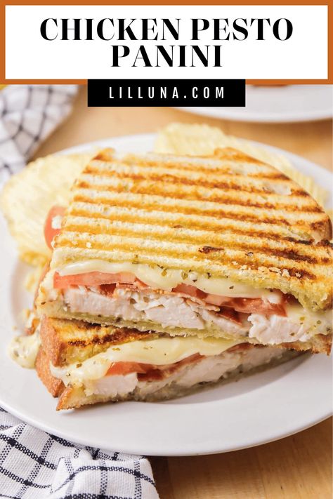 Crispy Chicken Pesto Panini is an Italian flavored sandwich filled with bacon, tomato and gooey mozzarella. It is grilled to perfection! #chickenpanini #panini #sandwich #pesto #pestopanini Chicken Avocado Panini, Best Panini Recipes, Chicken Panini Sandwiches, Chicken Pesto Panini, Awesome Sandwiches, Pesto Panini, Meat Sandwiches, Chicken Pesto Sandwich, Loose Meat