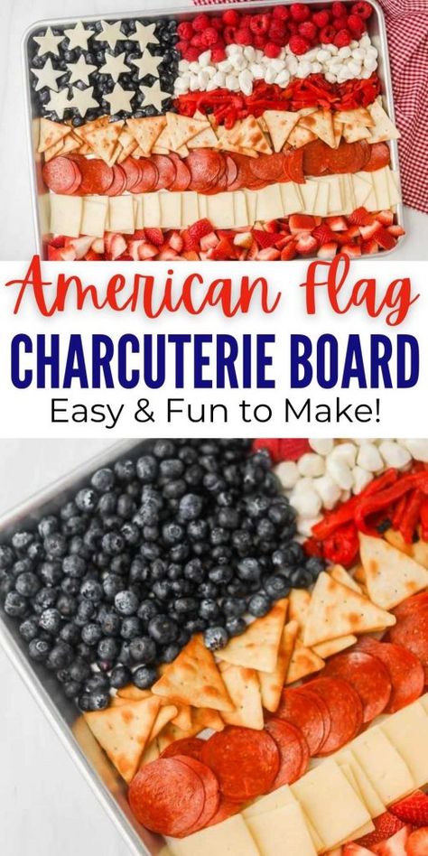 This American Flag Charcuterie Board is so adorable for a patriotic snack to share at your next Memorial Day or 4th of July event. Check out these step by step instructions on how to make this cute charcuterie board. #eatingonadime #patrioticfood #americanflagfood #charcuterieboard American Flag Fruit Tray, Flag Charcuterie Board, Cute Charcuterie Board, Patriotic Charcuterie Board, Cute Charcuterie, Recipes 4th Of July, 4th July Food, Memorial Day Foods, Meat Trays