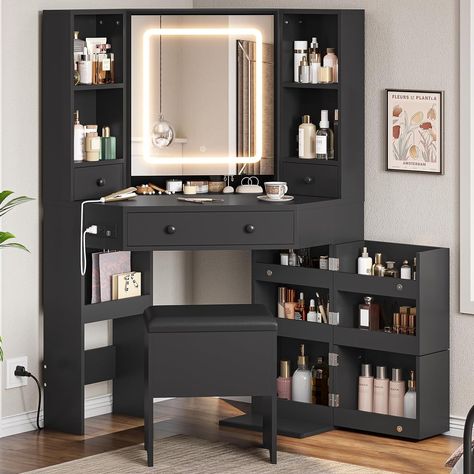 Corner Vanity Desk with Lighted Mirror 4 Drawers Rotating Shelves - Bed Bath & Beyond - 40261286 Corner Vanity Table, Rotating Shelves, Black Vanity Set, Makeup Vanity With Lights, Corner Makeup Vanity, Lavabo D Angle, Makeup Vanity Lighting, Corner Vanity, Gothic Room