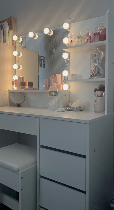 Vanity 
Led light 
Lightbulb 
Hollywood mirror 
Amazon 
Vanity desk 
Makeup vanity 
Makeup 
Mirror White Vanity With Lights, Vanity With Lights, Beauty Room Vanity, White Room Decor, Classy Bedroom, Vanity Room, Room Redesign, White Vanity, Vanity Desk