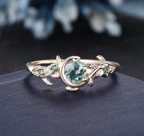 Silver Moss Agate Engagement Ring, Elven Ring Engagement, Fun Engagement Rings, Moss Agate Engagement Ring Silver, Xmas Ring, Agate Wedding Ring, Cute Promise Rings, Goth Ring, Ring Moon