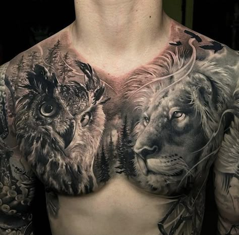 Chest Tattoo Animal, Chest Neck Tattoo, Owl Tattoo Chest, Lion Chest Tattoo, Owl Tattoo Sleeve, Full Chest Tattoos, Tato Dada, Tattoo Artist Tattoo, Small Chest Tattoos