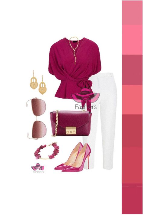 Fashion color trend 2023! magenta blouse white pants dark pink pumps and magente shoulder bag with gold drop earrings #fashiontrends #fashionover30 #stylehunter #ootdfash #styleinfluencers Pink Bag Outfit, Pink Bags Outfit, Magenta Blouse, Trend 2023, Burgundy Fashion, Color Trends Fashion, Pink Pumps, Fashion Styling, Influencers Fashion