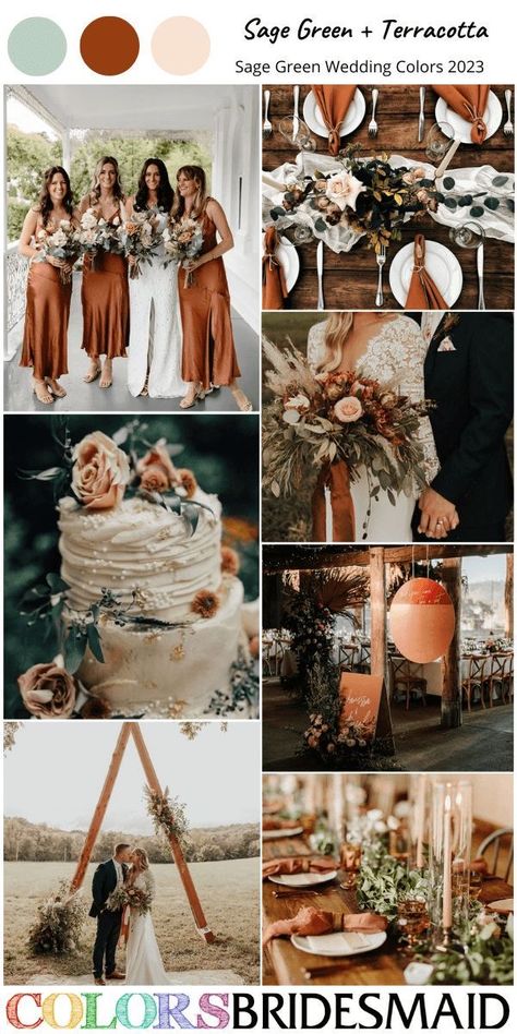 Boho Terracotta Wedding Dress, Sage Green And Caramel Wedding, Greenery And Rust Wedding, Rust Terracotta Sage Green Wedding, Terracotta And Succulent Wedding, Rust Beige Sage Green Centerpieces, Pumpkin And Sage Wedding Colors, Wedding Sage Color Schemes, Rust And Sage Wedding Cake