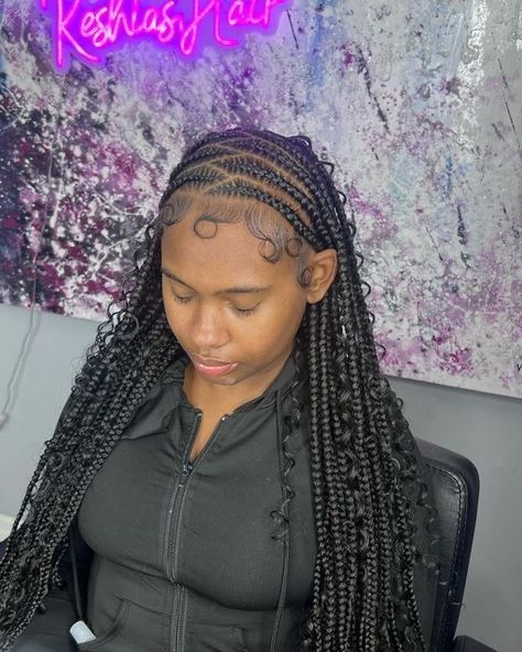 Fulani Braids With Curls At The End, Large Fulani Braids, Goddess Fulani Braids, Fulani Braids Boho, Boho Fulani Braids, Boho Curls, Twists Locs, Hair Braid Designs, Braids Boho