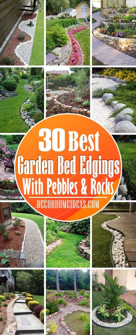 Garden Pebbles Landscaping, Rock Garden Edging Ideas, Pebble Landscaping Ideas, Rocks Decor, Rock Edging, Rock Flower Beds, Pebble Landscaping, Mulch Landscaping, Pebble Garden