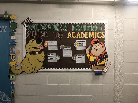 wilderness explorers guide to academic success, up bulletin board, college, academics Up Door Decs, Up Theme Bulletin Board, Up Bulletin Board Ideas Disney, Ra Academic Bulletin Boards, Up Movie Classroom Theme, Academic Success Bulletin Board, Closing Ra Bulletin Board, Disney Ra Bulletin Boards, Academic Bulletin Boards