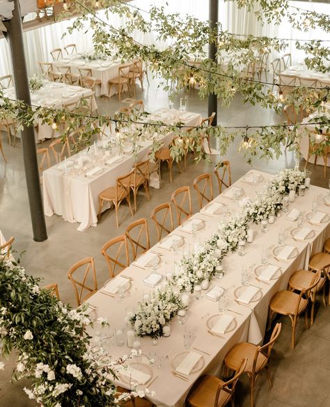 Wedding Reception - Wedding Table - Wedding Colors - Wedding Florals - Brock Purdy Wedding - Garden-Inspired Wedding - Southern Bride Rectangle Table Wedding Layout, Hanging Florals Wedding, Wedding Lighting Indoor, Drone Wedding, Hanging Florals, Wedding Layout, Brock Purdy, Reception Tablescapes, Florals Wedding