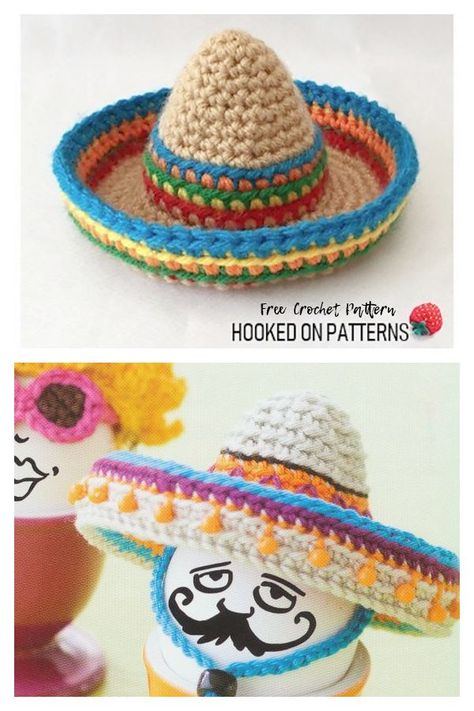 Mini Sombrero Hat Free Crochet Patterns Mini Sombrero Hat, Crochet Cat Hat, Sombrero Hat, Crochet Garland, Doll Patterns Free, Keychain Crochet, Crochet Patterns Free, Crochet Cactus, Crochet Keychain Pattern