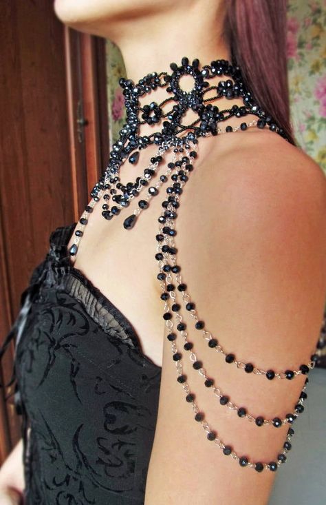 Black Necklace Shoulder Necklace Gothic Couture Choker Bohemian Jewelry Goth Victorian Mylene Farmer Crystal Necklace - Etsy Black Shoulder Necklace, Goth Statement Necklace, Elegant Vampire Aesthetic, Black Necklace Aesthetic, Gothic Beaded Necklace, Elaborate Necklaces, Goth Wedding Jewelry, Gothic Wedding Jewelry, Gothic Couture