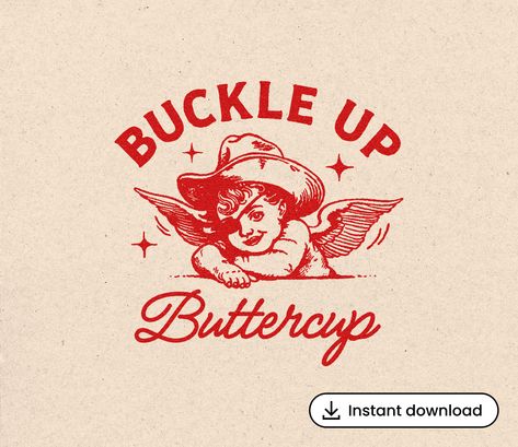 Introducing the digital download of our "Buckle Up Buttercup" vector graphic, an illustration of an angel donning a rugged cowboy hat and sporting an eye patch, exuding a unique blend of heavenly charm and western flair. Accompanying this angel with his wings spread wide and mischievous grin is the tagline "Buckle Up Buttercup", which adds an angelic twist to the classic cowboy with a touch of sass. This digital download includes a variety of file formats to suit your needs. Print-ready files (P Western Illustration Wild West, Western Cowboy Illustration, Western Romance Aesthetic, Vintage Cowboy Illustration, Retro Illustration Graphics, Western Graphic Design, Wild West Decor, Cowgirl Illustration, Cowboy Illustration