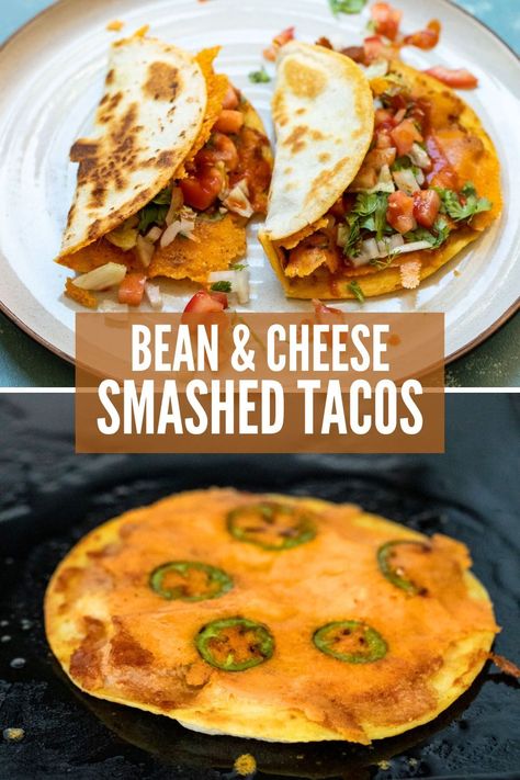 These bean and cheese crispy smashed tacos take just a few minutes to make and are some of my favorite tacos ever! Crispy cheese, jalapeños, and savory refried beans! #smashed #tacos #vegetarian #beanandcheese Smashed Tacos, Tacos Vegetarian, Refried Bean, Fried Tacos, Breakfast Taco, Crispy Tacos, Cheese Tacos, Bean Tacos, Crispy Cheese