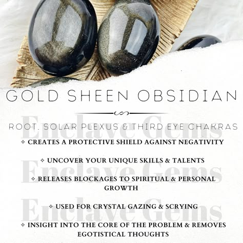 Golden Mica Crystal Meaning, Gold Sheen Obsidian Meaning, Meaning Of Crystals, Crystal Reference, Crystal Meaning Cards, Obsidian Meaning, Crystal Information, Gold Sheen Obsidian, Obsidian Crystal