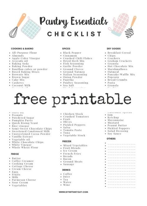 The Ultimate Pantry Staples List (FREE Printable) - DIY With My Guy Staple Food Items, List Of Pantry Items, Grocery List Necessities, Kitchen Food Essentials List, Food Storage List Free Printable, Pantry Staples List Kitchen Essentials, Baking Staples List, Pantry List For New House, Grocery Necessity List