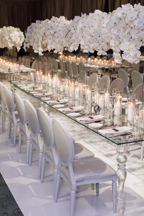 Flowers At Wedding Reception, Elegant Winter Wedding Ideas, All White Wedding Decor, All White Wedding Reception, Winter Wonderland Wedding Reception, Winter Wedding Table Decorations, Winter White Wedding, Purple And White Wedding, Table Trends