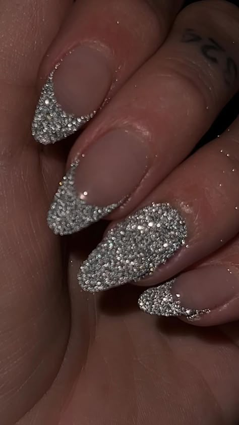 Silver Sparkly Nails, Reflective Glitter Nails, Beyonce Nails, Bachelorette Nails, Red And Silver Nails, Sparkly Acrylic Nails, Silver Acrylic Nails, Glitter French Nails, Prom Nails Silver