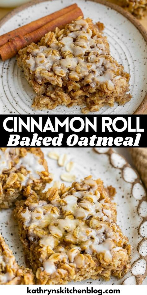 Cinnamon Roll Oatmeal Bake Healthy Soft Baked Oatmeal Bars, Baked Oatmeal Flavors, Quick Rolled Oats Recipes, Peanut Butter Oatmeal Bake Breakfast, What To Make With Rolled Oats, Banana Bread Oatmeal Bake, Easy Breakfast With Oats, Easy Oat Breakfast Ideas, Oatmeal Prep Breakfast