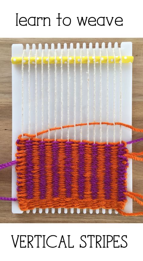 Perfect for beginners, learn how to weave vertical stripes on a little loom. Weaving Machine, Weaving Loom Diy, Handwoven Tapestry, How To Weave, Weaving Loom Projects, Weaving Wall Hanging, Weaving Ideas, Weaving Tutorial, Fibre And Fabric