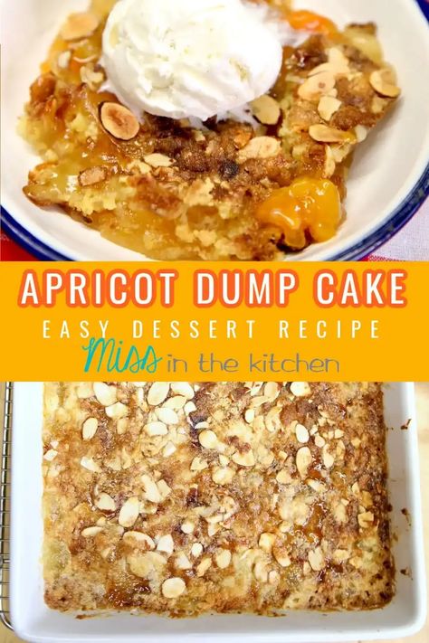 Apricot Dump Cake is a tasty dessert that is perfect for any day of the week. Apricot Pie Filling with a crunchy almond and buttery cake mix topping. Apricot Dump Cake, Apricot Pie Filling, Cake Mix Dump Cake, Apricot Filling Recipe, Apricot Dessert, Cake Mix Cobbler, Apricot Pie, Apricot Cake, Apricot Recipes