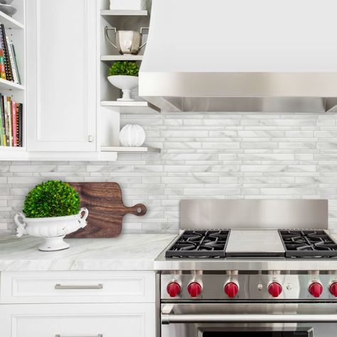 14 Removable Backsplashes for a Temporary Fix in the Kitchen | Bob Vila Kitchen Tiles White, Rustic Shiplap, Removable Backsplash, Vinyl Backsplash, Stick Tile Backsplash, Grey Subway Tiles, Fish Scale Tile, White Kitchen Tiles, Grey Grout