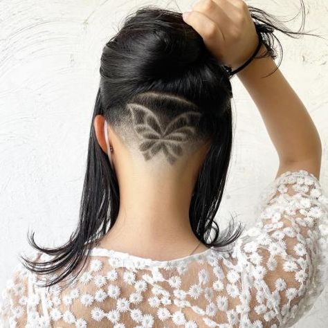 Hairstyle with Butterfly Undercut Design Hair Tattoo Designs Women, Hair Tattoo Designs, Hairline Tattoos, Types Of Fade Haircut, Undercut Hair Designs, Fade Haircut Designs, Hairstyle For Short Hair, Undercut Hairstyles Women, Hairstyle For Short