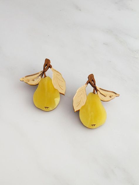 Pear Earrings — Wolf & Moon Overgrown Garden, Playful Jewelry, Pear Earrings, Wood And Acrylic, Earrings Ideas, Fruit Jewelry, Fruit Earrings, Wolf Moon, Statement Jewellery