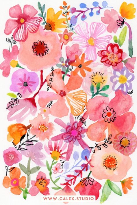 This deliciously loose watercolor painting is a modern, abstract celebration of flowers at sunset. Watercolor and ink on paper. Artwork by Candace Alexandres of Calex Studio. See the whole Wild Blooms collection at www.Calex.Studio. Flowers Background Painting, Flower Painting Colorful, Abstract Flower Watercolor Paintings, Pink Watercolor Art, Colourful Flower Painting, Abstract Flower Print, Bright Watercolor Paintings, Abstract Flower Illustration, Watercolor Abstract Flowers