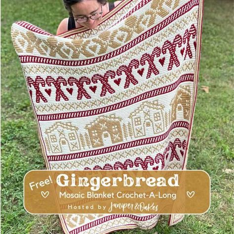 FREE CAL –  Mosaic Crochet Gingerbread Blanket CAL | Crochet Along Simple Mosaic, Crochet Gingerbread, Cal Crochet, Christmas Afghan, Christmas Mosaics, Christmas Crochet Blanket, Heirloom Blanket, Foundation Single Crochet, Mosaic Crochet