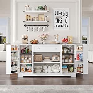 Kitchen Appliance Storage Buffet, Kitchen Buffet Cabinet Coffee Bar, Additional Kitchen Storage Ideas, Coffee Drink Bar In Kitchen, Adding Storage To Kitchen, Buffet With Shelves Above, Cookbook Storage Ideas, Sideboard Pantry, Dining Room Storage Ideas