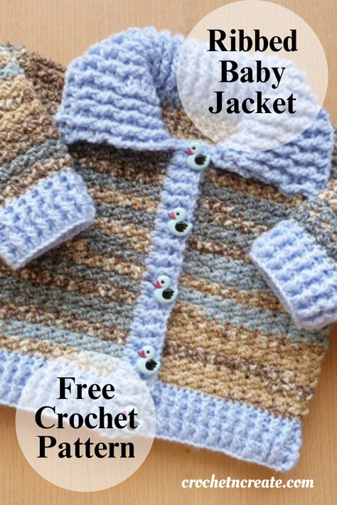 Ribbed baby jacket free crochet pattern. #crochetbabycardigan #crochetbabysweater #crochetncreate Crochet Baby Cardigan Free Pattern, Baby Cardigan Pattern Crochet, Crochet Patterns Baby Boy, Crochet Baby Sweater Pattern, Crochet Baby Jacket, Ribbed Crochet, Baby Cardigan Pattern, Crochet Baby Sweater, Baby Sweater Patterns