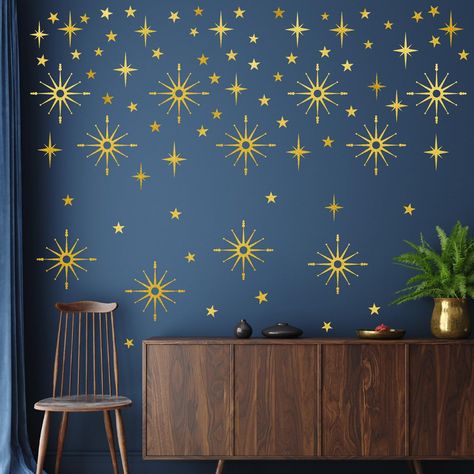 Room Decor Ceiling, Gold Star Wall Decals, Ceiling Stars, Playroom/living Room, Star Bedroom, Decor Ceiling, Atomic Mid Century, Star Wall Decals, Star Ceiling