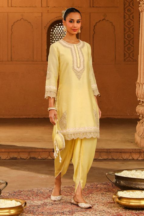 Buy Yellow Kurta Silk Chanderi Placement Anika With Dhoti Pant For Women by Sheetal Batra Online at Aza Fashions. Parsi Gara Embroidery, Gara Embroidery, Kurta With Dhoti, Yellow Kurta, Kurta Patterns, Short Kurta, Dhoti Pants, Pant For Women, Tarun Tahiliani