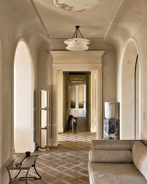 STUDIO—LIU on Instagram: "The home of Joseph and Anso Dirand, their two daughters and a panther ——— Photograph by @adriendirand" Joseph Dirand Interiors, Joseph Dirand, Apartment Exterior, London Townhouse, Hotel Entrance, Rustic Flooring, Arched Doors, Chateau France, Spanish House