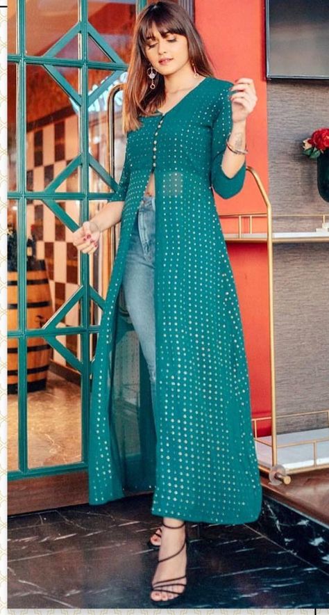 Long Shrugs Outfit Jeans, Frock Designs For Girl, Stylish Kurtis Design, Frock Fashion, Simple Kurta Designs, Designer Kurti Patterns, Simple Kurti Designs, Long Kurti Designs, Stylish Fall Outfits