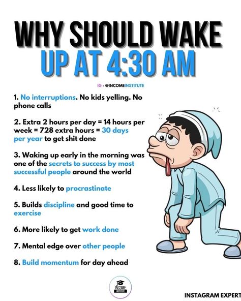 Why you should wake up at 4:30 a.m. 5am Club, Personal Growth Motivation, Positive Quotes For Life Motivation, Personal Improvement, Follow Button, Positive Quotes For Life, Secret To Success, Motivational Quotes For Success, Self Care Activities