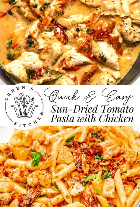 Looking for delicious dinner ideas? A delectable dish of Creamy Sun-Dried Tomato Pasta with Chicken flavored with Parmesan cheese, sun-dried tomatoes, onions, and garlic. Savor our Creamy Sun-Dried Tomato Pasta with Chicken, a flavor-packed 30-minute meal perfect for your busy weeknights! This quick and easy dinner recipe is perfect for the family and so so good! Half Baked Harvest Creamy Sun Dried Tomato Chicken Pasta, Pesto Pasta Recipes Chicken Sun Dried Tomatoes, Sun Dried Tomato Pasta Crockpot, Sun Dry Tomatoes Recipes Chicken, Chicken Pasta Spinach Sun Dried Tomatoes, Creamy Chicken Sun Dried Tomatoes, Chicken Alfredo Sun Dried Tomatoes, Dinner With Sundried Tomatoes, Sun Dried Tomato Alfredo Pasta