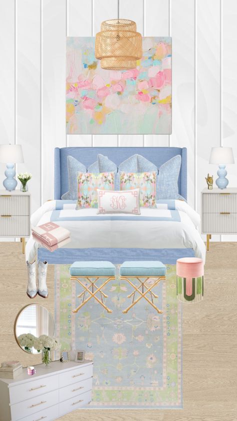 Preppy Coastal House, Pink Accent Room Decor, Bright Coastal Bedroom, Coastal Preppy Room, Grandmillenial Wall Art, Coastal Vibes Decor, Colorful Coastal Bedroom, Pink And Blue Room Aesthetic