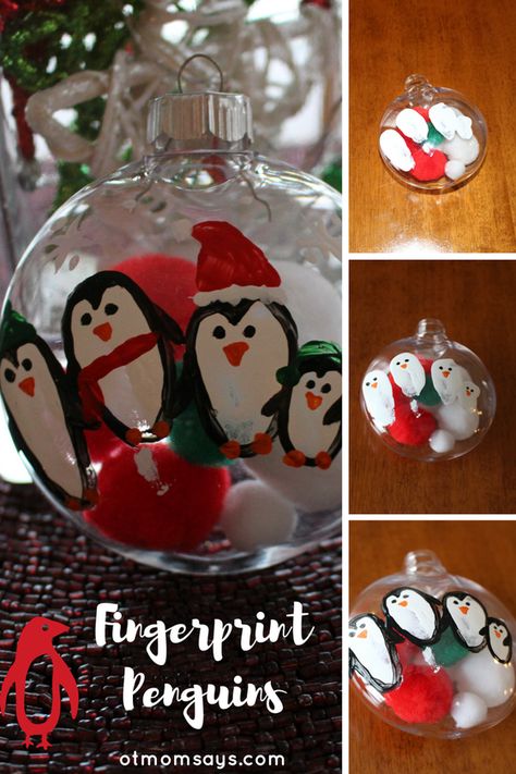 Penguin Fingerprint Art, Christmas Fingerprint Ornaments, Fingerprint Christmas Tree Ornament, Finger Print Christmas Ornaments, Fingerprint Ornaments Kids, Finger Print Ornaments, Fingerprint Christmas Ornaments, Ornament Station, Christmas Orbs