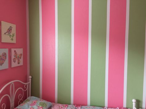 Green And Pink Striped Wall, Pink Striped Walls, Small Teen Bedroom, Bedroom Scene, Striped Walls, Glam Room, Wide Stripes, Teen Bedroom, Green And White