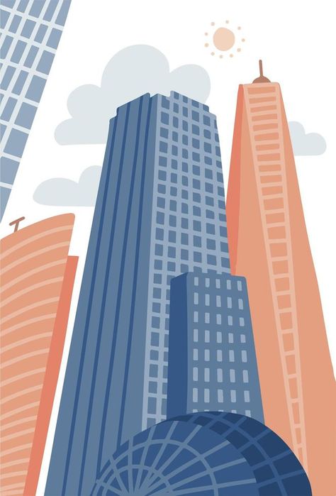 Cartoon modern city in flat hand drawn style. Urban cityscape with skyscrapers, urban property. Vector illustration vertical panorama, modern cityscape. Flat Illustration City, Skyscraper Illustration, Apartment Illustration, Illustrated Buildings, Vertical Drawing, Vertical Panorama, Vertical Illustration, City Vector Illustration, Urban Illustration