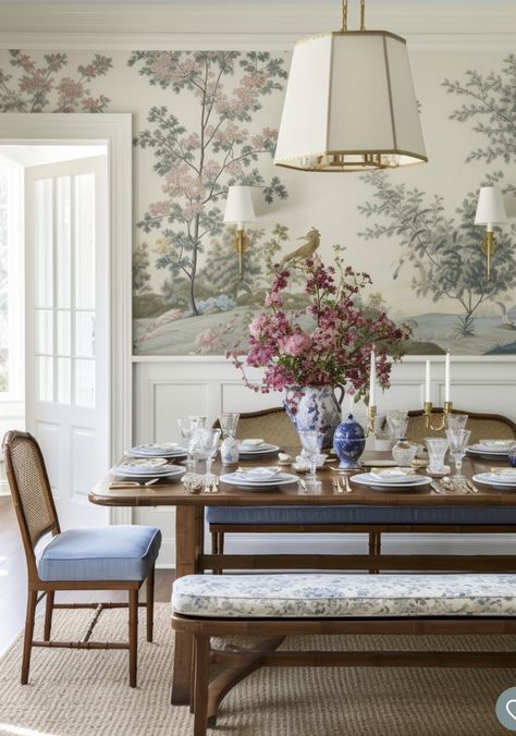 Feng Shui Dining Room, Colonial Interior, Classic Dining Room, Dining Room Wallpaper, Grand Millennial, Farmhouse Interior Design, Muebles Living, Traditional Interior Design, Rooms Ideas