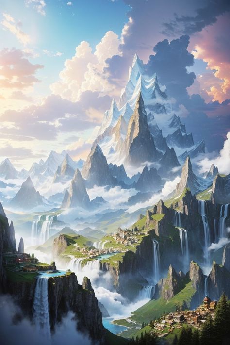 AI Art Dragon Landscape Fantasy World, Fantasy World Inspiration Scenery, Fantasy Biomes, Fantasy World Landscapes, Dnd Screen, Tragic Love Stories, Family Conflict, Fantasy Stuff, Mountain Valley