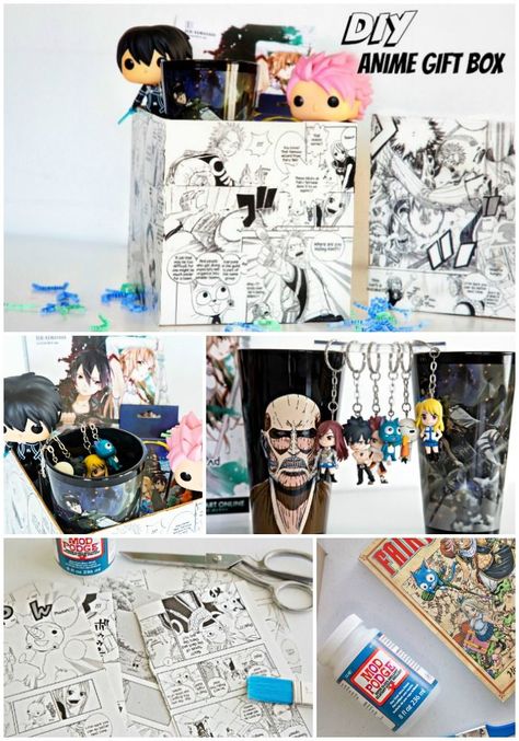 DIY Anime Gift Box Tutorial. DIY Anime Gift Box - Sword Art Online Gifts, Fairy Tale Gifts, and Attack on Titan Gifts. Make your own anime gift box and fill it with goodies! Anime Diys, Anniversaire Diy, Anime Christmas, Friends Diy, Anime Decor, Anime Crafts, Cadeau Diy, Diy Gifts For Boyfriend, Funny Christmas Gifts