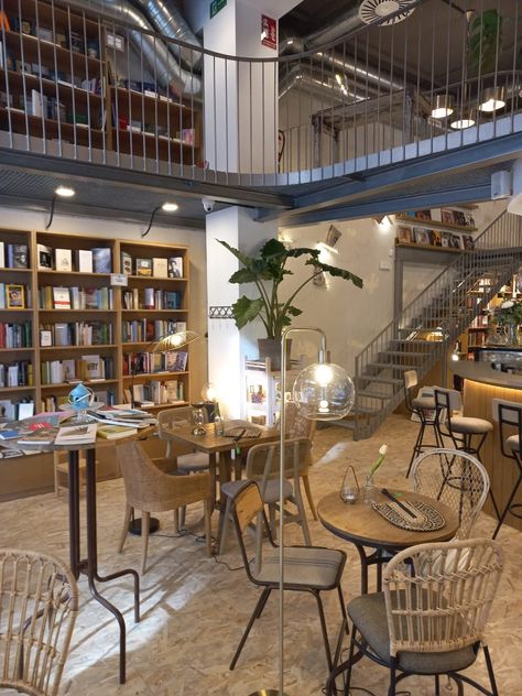 Coffee And Library Shop, Coffee Shop Library Design, Coffeeshop Bookstore Aesthetic, Two Story Coffee Shop, Bookshop Cafe Design, Book Store Cafe Aesthetic, Book Store And Coffee Shop, Cafe Bookstore Interior Design, Bookstore With Cafe