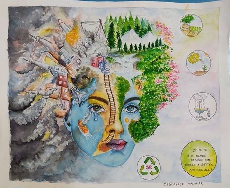 Ecosystem Restoration Poster, Ecosystem Poster, Environment Drawing Ideas, Earth Art Drawing, Mother Earth Drawing, Ecosystem Restoration, Illustration Design Poster, Earth Day Drawing, Art Competition Ideas