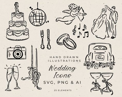 Hand Drawn Wedding Icons Clipart in SVG, Wedding Doodle Whimsical Illustrations, Editable in Canva Invitation Template, Whimsical Style - Etsy Wedding Website Design, Wedding Icon, Bar Menu Wedding, Hand Drawn Wedding, Svg Wedding, The Wedding Singer, Whimsical Style, Wedding Illustration, Wedding Timeline